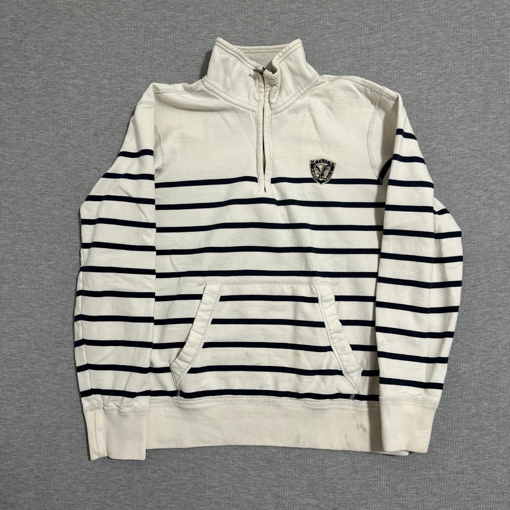 American Eagle Mens Medium Athletic Fit Quarter Zip Pullover Striped Cream Navy